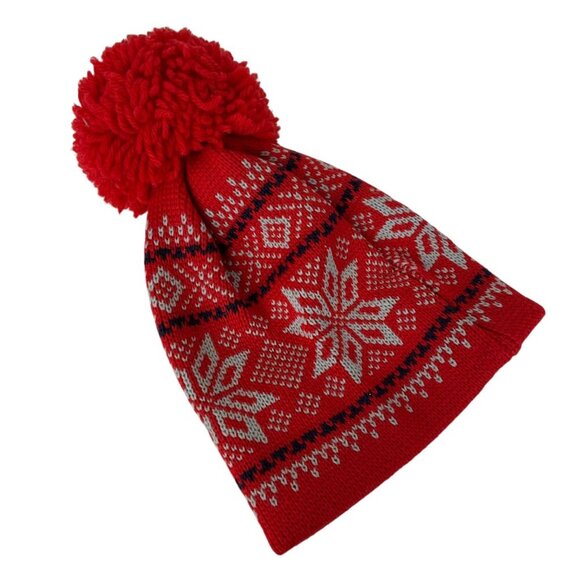 Vintage Smiley Red Wool Snowflake Knit Pom-Pom Beanie Hat Toboggan Winter Snow - Picture 2 of 3